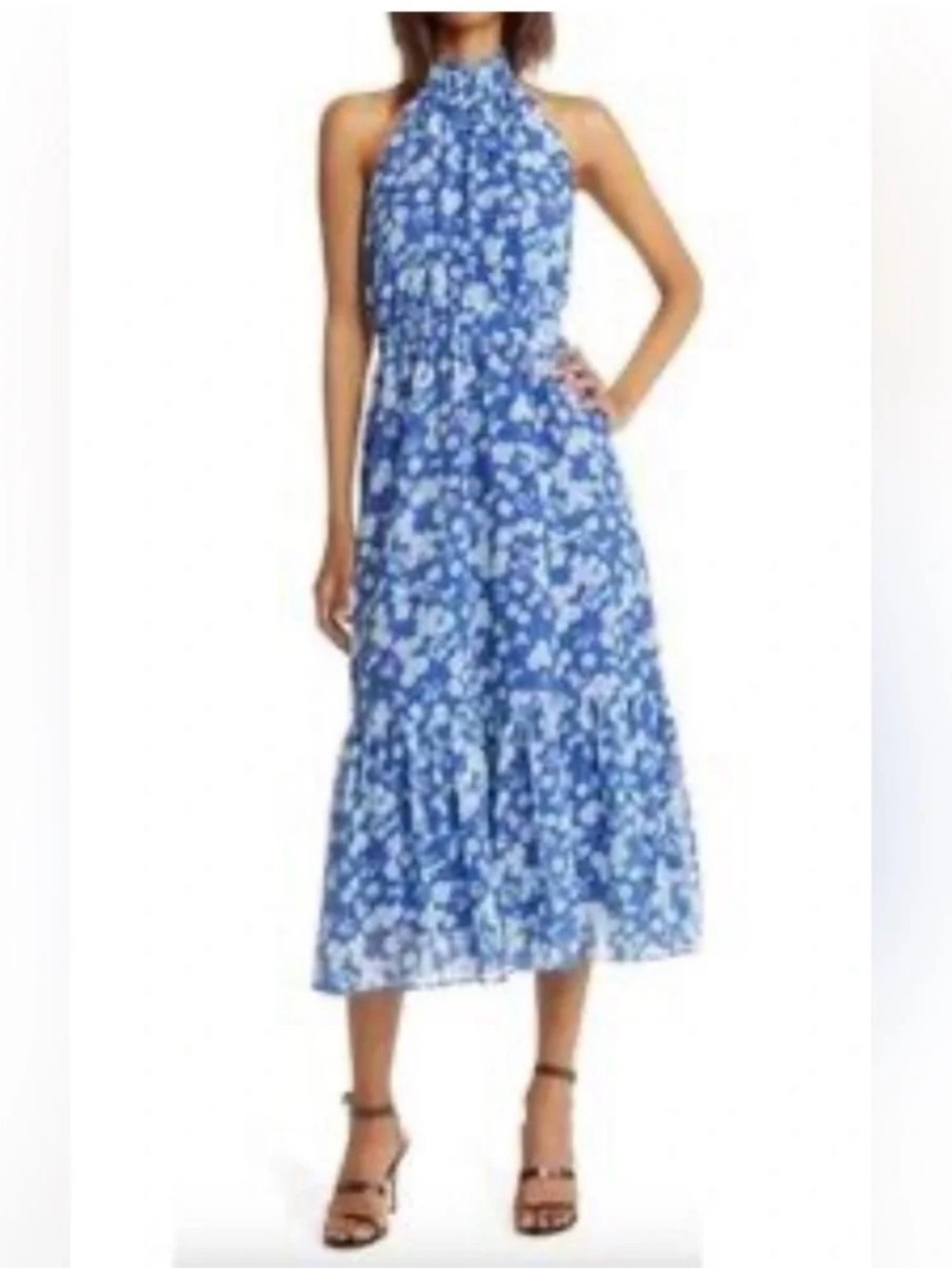 Chelsea28 Women’s Floral Print Halter Neck Maxi Dress Blue Surf Aster Size XL 🆕